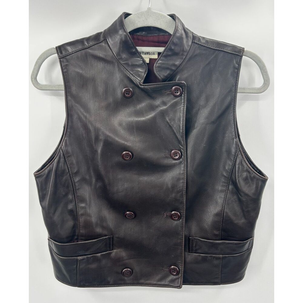 Ann Taylor 90s Leather Vest Brown Double Breasted Waistcoat Y2K Minimalist S